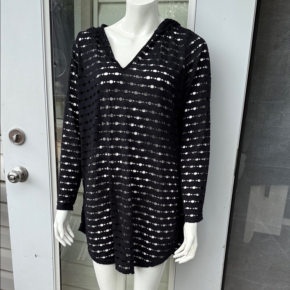 Saint Tropez West bathing suit cover black wide mesh hood and long sleeves XL